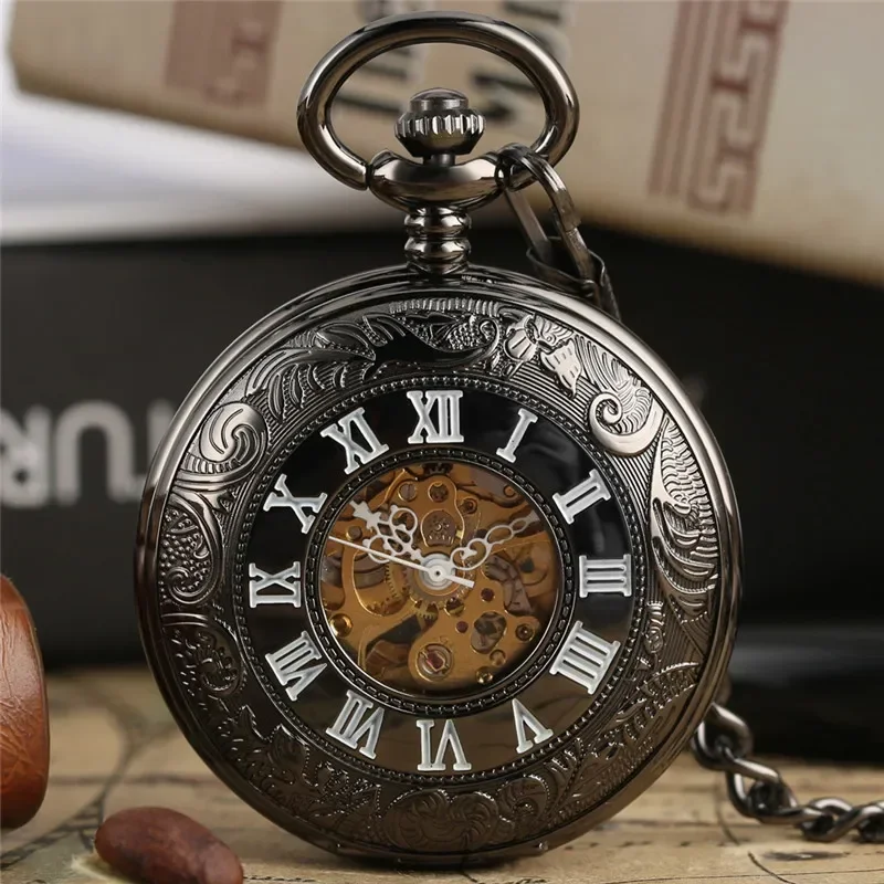 Pocket Watch Mechanical Skeleton Vintage - Antique Carved Roman Numeral Pocket Watch