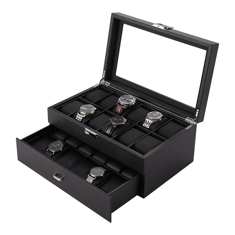 Watch Display Storage Box Carbon Fiber - Luxury Watch Box Organizer Black PU