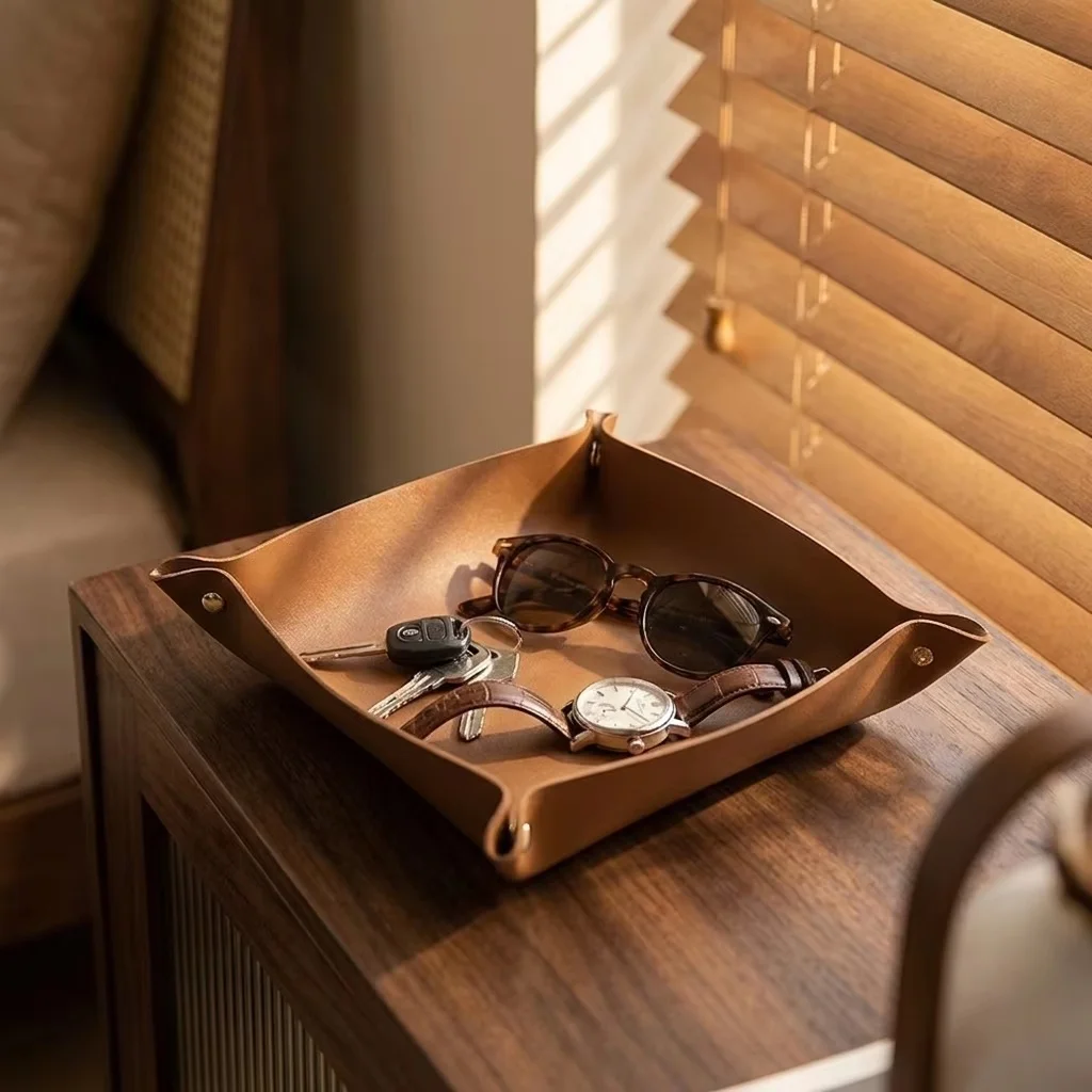Valet Tray Nightstand Organizer Leather - 1PC 20x20CM Valet Tray Foldable Catchall