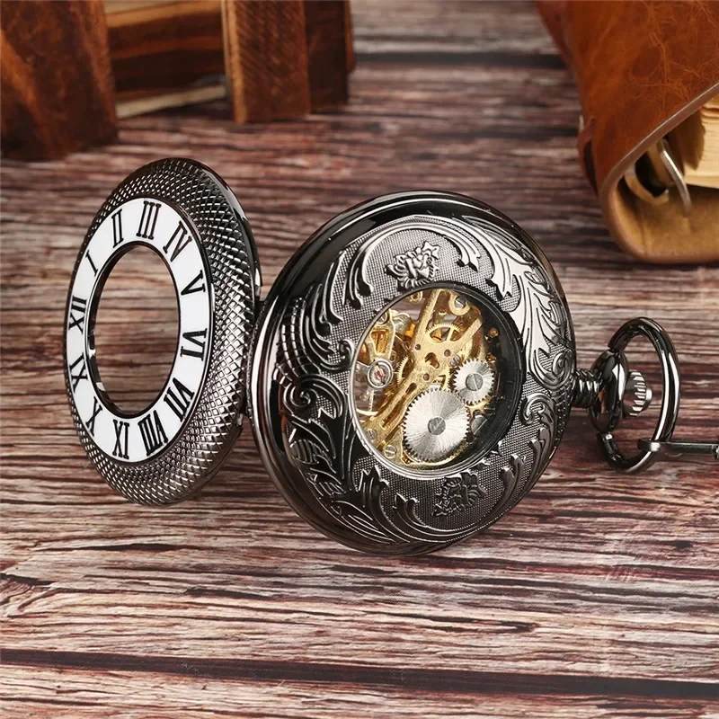 Vintage Black Half Hunter Men  - Pocket Watch Mechanical Skeleton Vintage ulasan dan harga