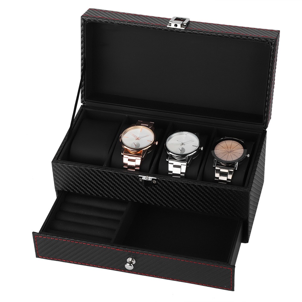 Portable Black Jewelry Organiz - Watch Display Storage Box Carbon Fiber ulasan dan harga
