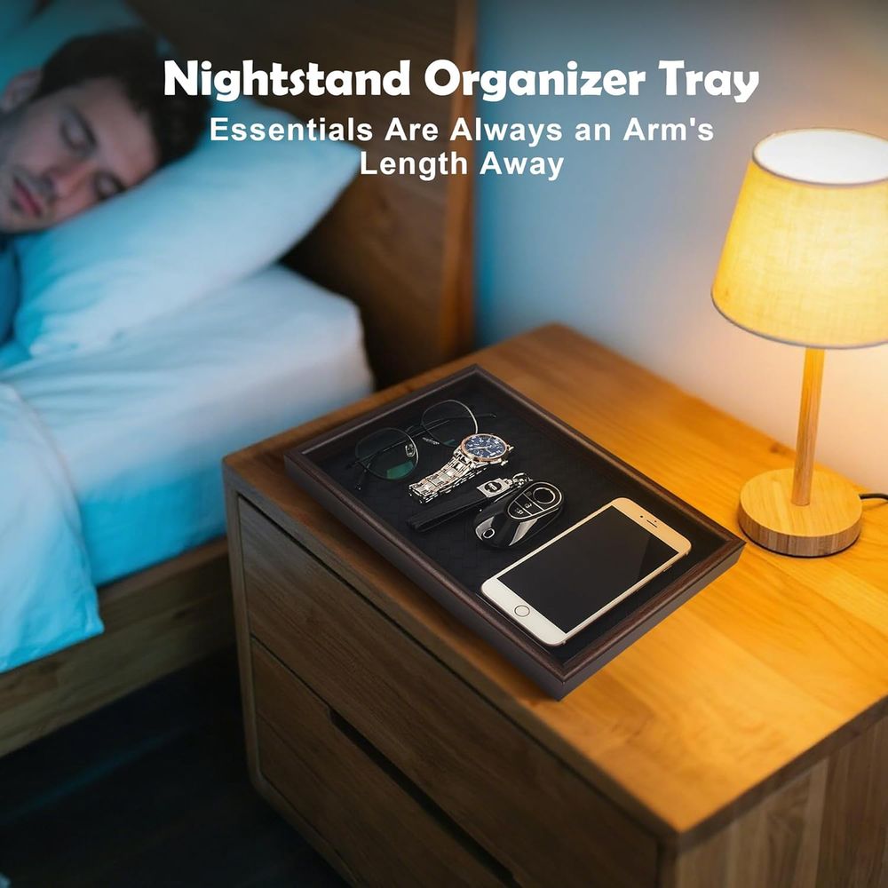 Leather-Base Wooden Valet Tray - Valet Tray Nightstand Organizer Leather ulasan dan harga